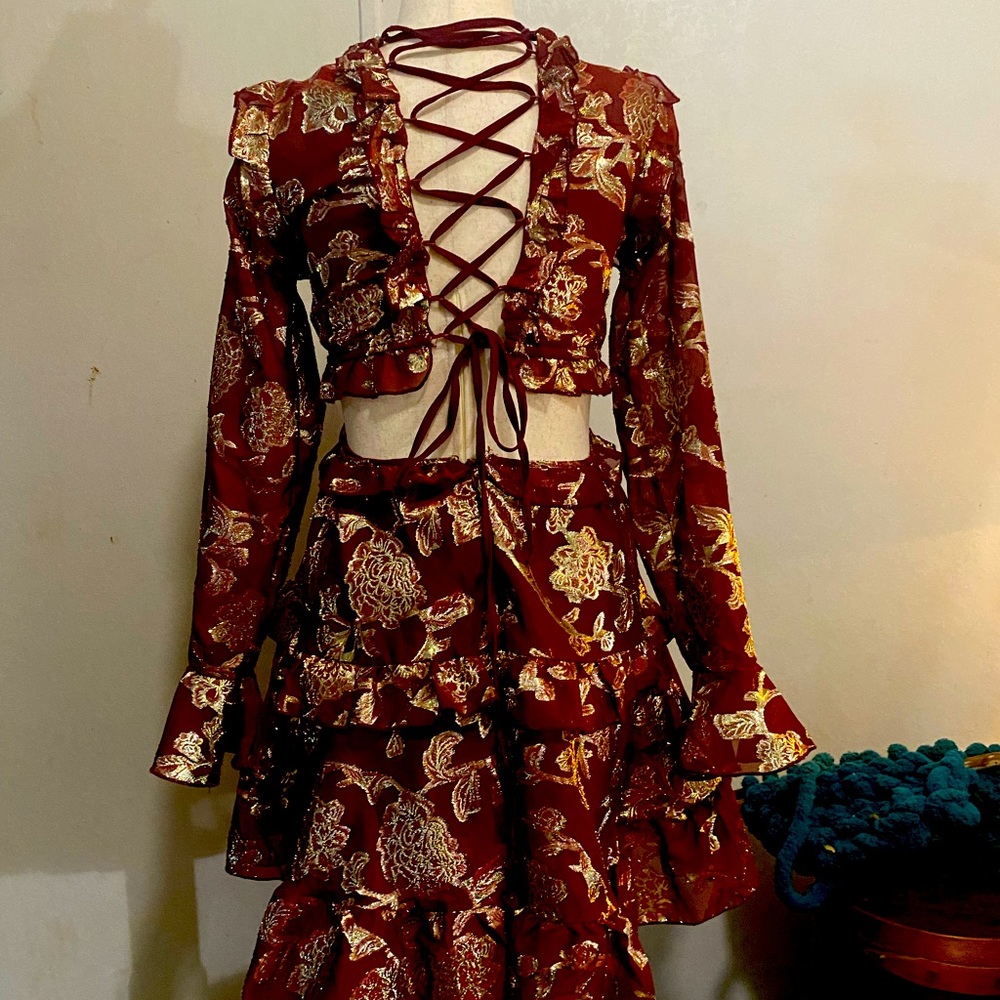 Red and Gold Lace Back Dress